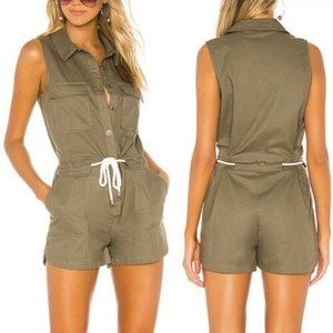 Bobi BLACK 100% Cotton Twill Sleeveless Button Up Romper in Green Milita…